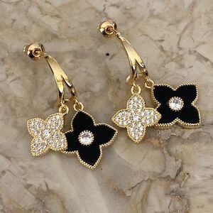 New! Gold Tone Four Leaf Clover Black & Rhinestones Dangle Earrings